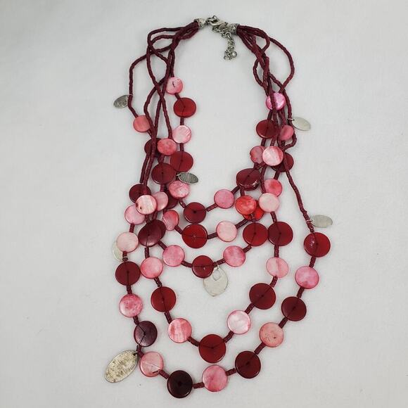 Chico's Dyed Red & Pink Shell Mixed Media Multi Strand 26" Necklace - Picture 1 of 6